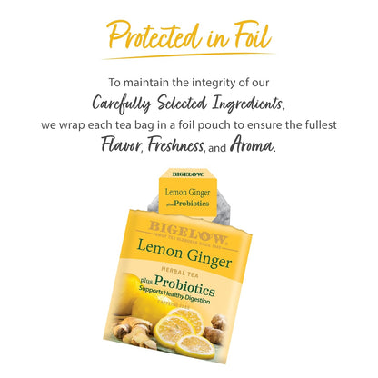 Tea Lemon Ginger plus Probiotics Herbal Tea, Caffeine Free Tea with Lemon and Ginger, 18 Count Box (Pack of 6), 108 Total Tea Bags