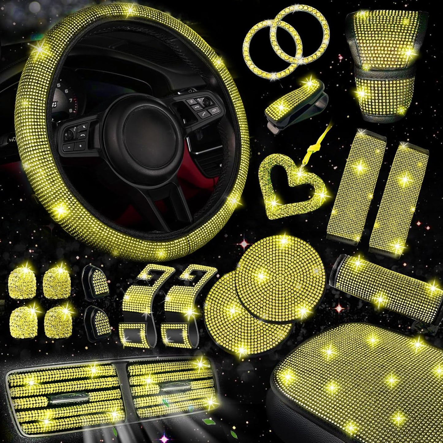 30 Pcs Yellow Bling Car Accessories Set for Women, Steering Wheel Cover Set, Bling Console Cover, Seat Belt Cushion, Shift Knob Cushion, Cup Holder Coaster, Rhinestone Car Hanging Accessories