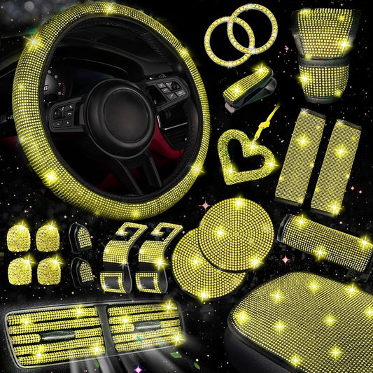 30 Pcs Yellow Bling Car Accessories Set for Women, Steering Wheel Cover Set, Bling Console Cover, Seat Belt Cushion, Shift Knob Cushion, Cup Holder Coaster, Rhinestone Car Hanging Accessories