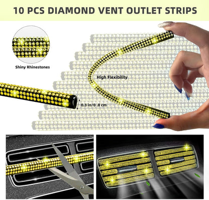 30 Pcs Yellow Bling Car Accessories Set for Women, Steering Wheel Cover Set, Bling Console Cover, Seat Belt Cushion, Shift Knob Cushion, Cup Holder Coaster, Rhinestone Car Hanging Accessories