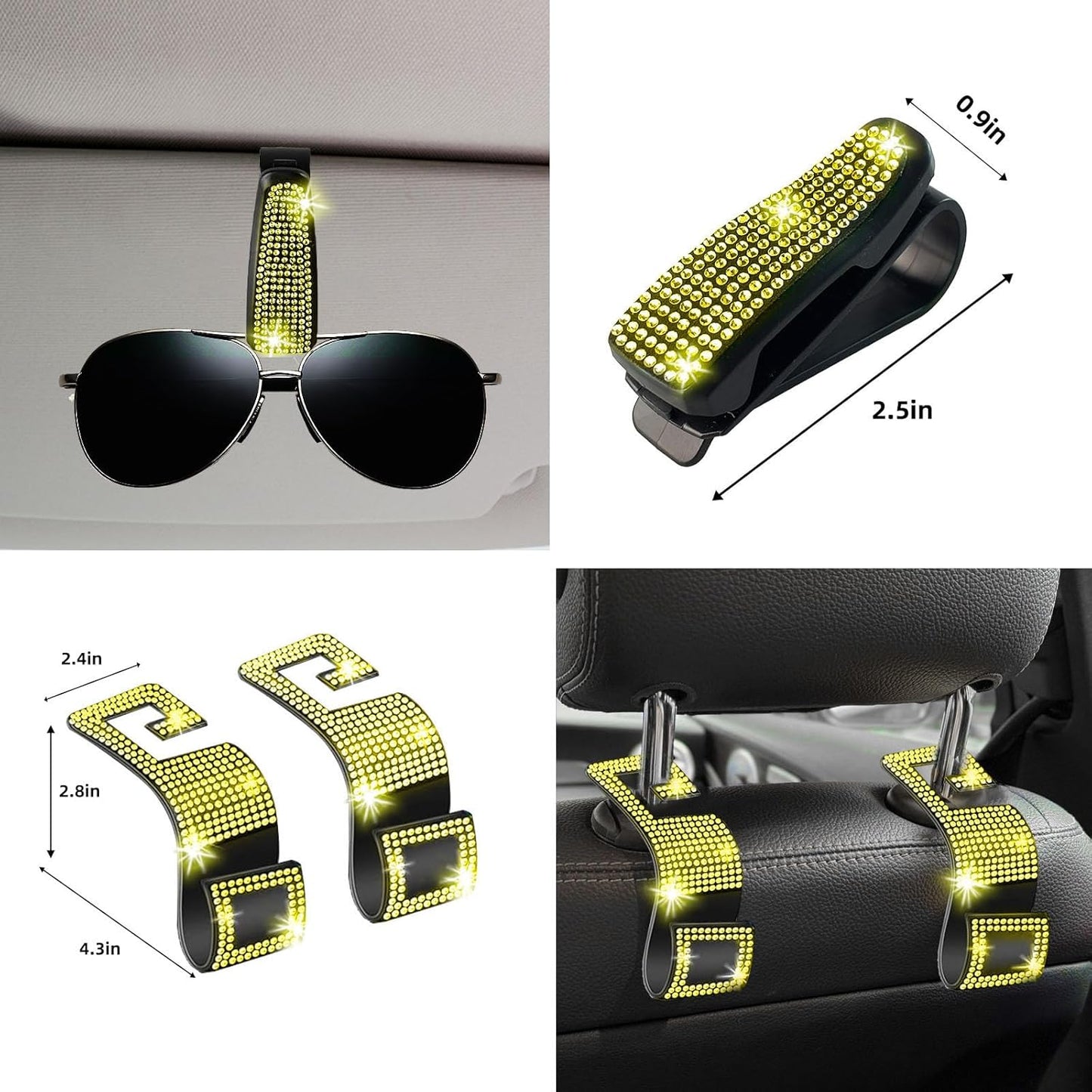 30 Pcs Yellow Bling Car Accessories Set for Women, Steering Wheel Cover Set, Bling Console Cover, Seat Belt Cushion, Shift Knob Cushion, Cup Holder Coaster, Rhinestone Car Hanging Accessories