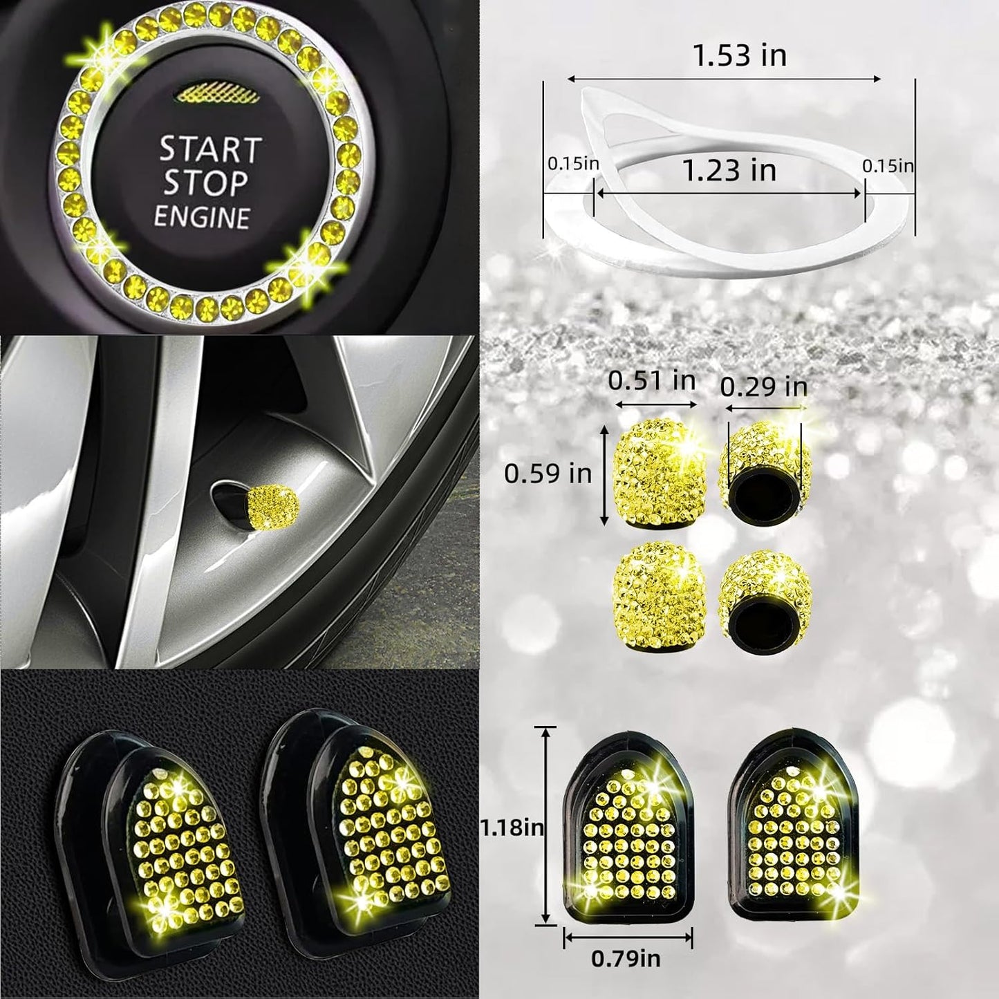 30 Pcs Yellow Bling Car Accessories Set for Women, Steering Wheel Cover Set, Bling Console Cover, Seat Belt Cushion, Shift Knob Cushion, Cup Holder Coaster, Rhinestone Car Hanging Accessories