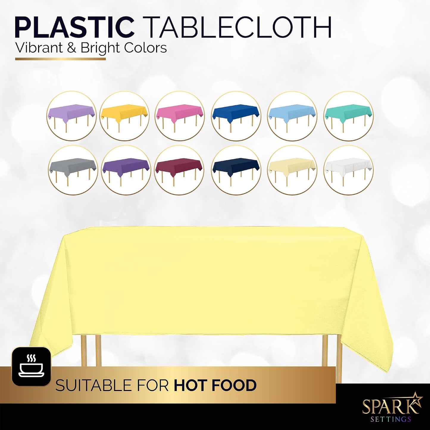 Amcrate Light Yellow Plastic Tablecloth Disposable, Premium Tablecloths for Rectangle Tables 54 inch. x 108 inch. Fits Tables Up to 8 Feet, Plastic Table Cloth for Party, Wedding, Holidays
