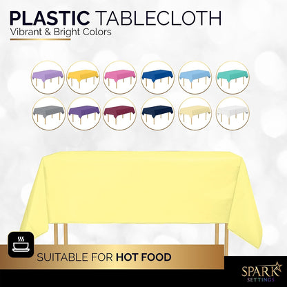Amcrate Light Yellow Plastic Tablecloth Disposable, Premium Tablecloths for Rectangle Tables 54 inch. x 108 inch. Fits Tables Up to 8 Feet, Plastic Table Cloth for Party, Wedding, Holidays
