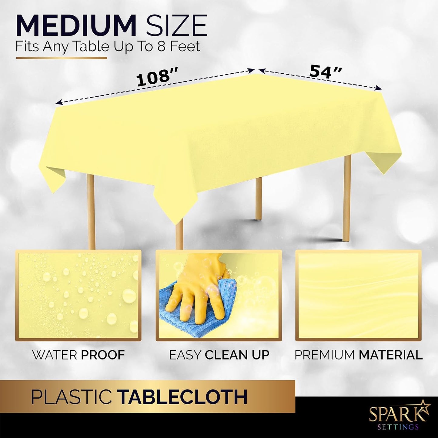 Amcrate Light Yellow Plastic Tablecloth Disposable, Premium Tablecloths for Rectangle Tables 54 inch. x 108 inch. Fits Tables Up to 8 Feet, Plastic Table Cloth for Party, Wedding, Holidays