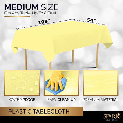 Amcrate Light Yellow Plastic Tablecloth Disposable, Premium Tablecloths for Rectangle Tables 54 inch. x 108 inch. Fits Tables Up to 8 Feet, Plastic Table Cloth for Party, Wedding, Holidays