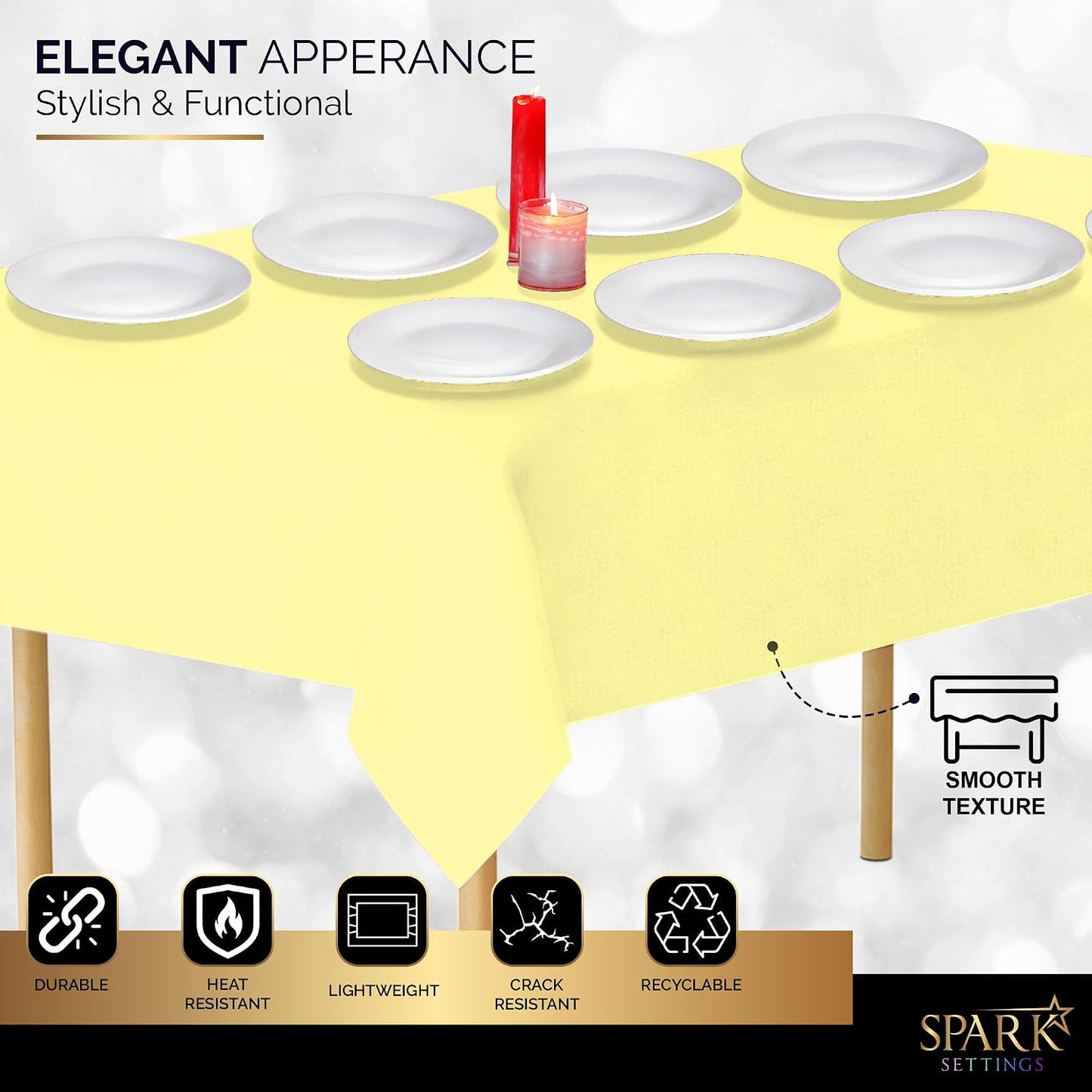 Amcrate Light Yellow Plastic Tablecloth Disposable, Premium Tablecloths for Rectangle Tables 54 inch. x 108 inch. Fits Tables Up to 8 Feet, Plastic Table Cloth for Party, Wedding, Holidays