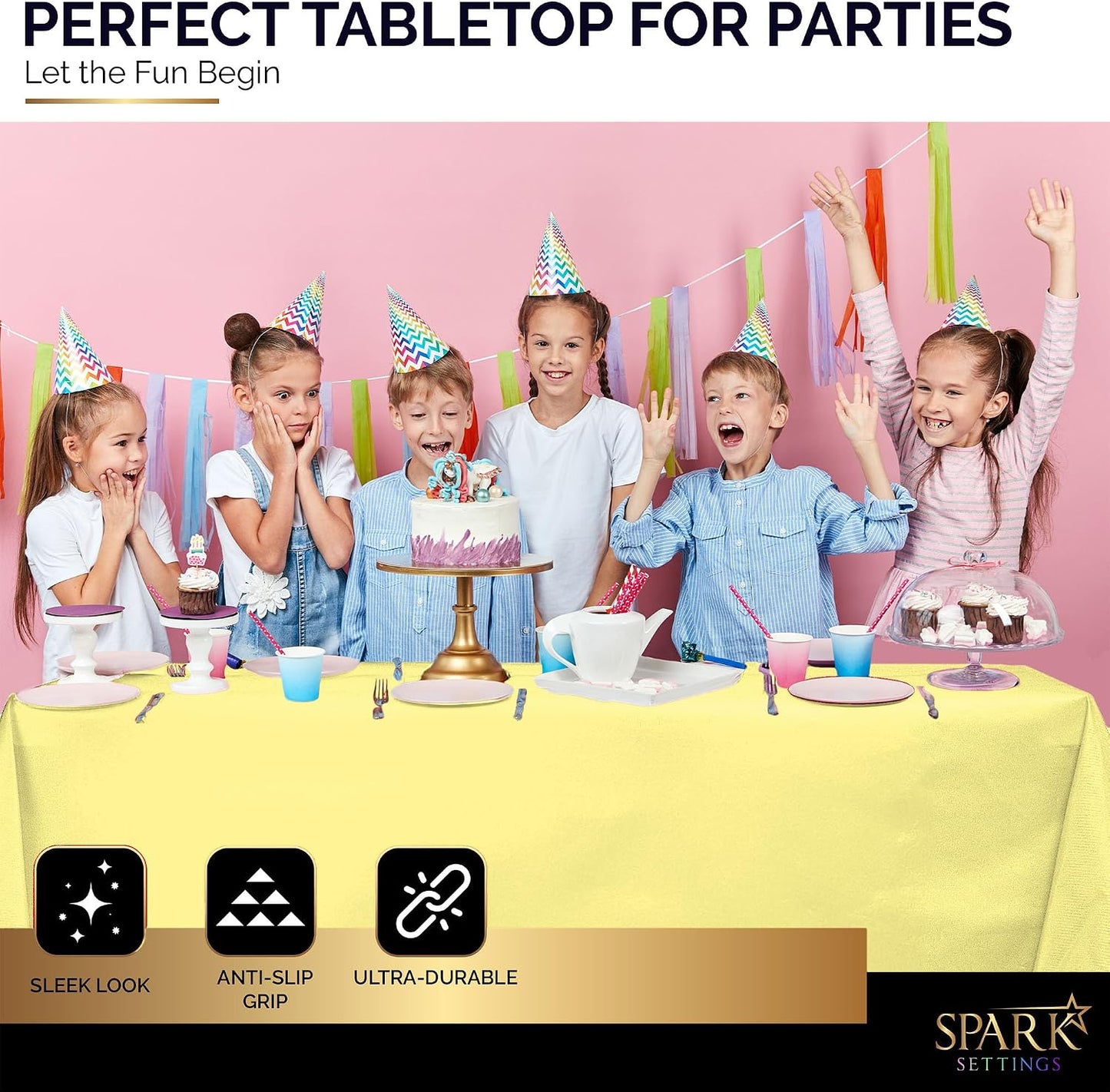 Amcrate Light Yellow Plastic Tablecloth Disposable, Premium Tablecloths for Rectangle Tables 54 inch. x 108 inch. Fits Tables Up to 8 Feet, Plastic Table Cloth for Party, Wedding, Holidays