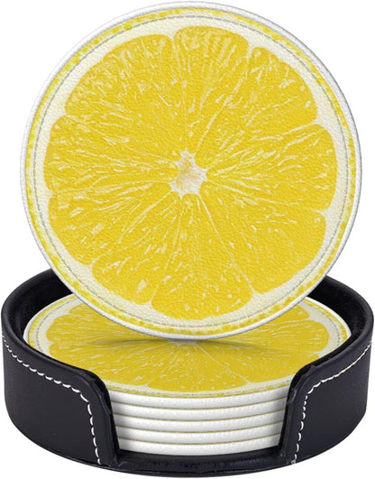 6 Pack Yellow Lemon Coaster for Drinks with Holder, Funny Cool Waterproof Non-Slip Leather Coasters for Kitchen Wooden Table Coffee Table Dinning Bar Decor