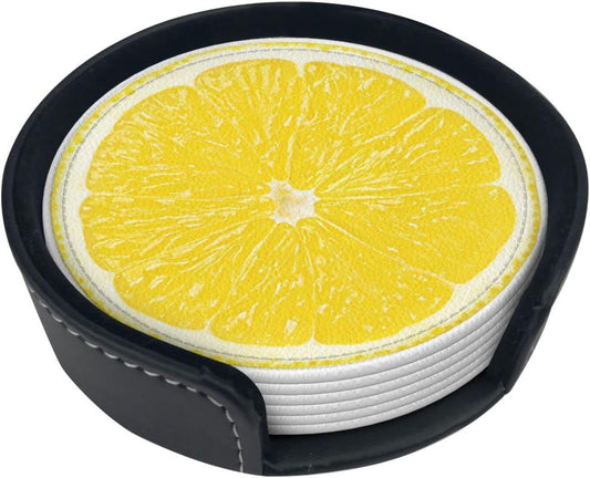 6 Pack Yellow Lemon Coaster for Drinks with Holder, Funny Cool Waterproof Non-Slip Leather Coasters for Kitchen Wooden Table Coffee Table Dinning Bar Decor