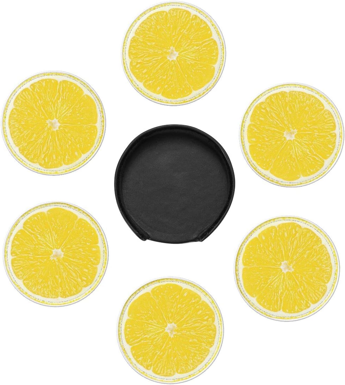 6 Pack Yellow Lemon Coaster for Drinks with Holder, Funny Cool Waterproof Non-Slip Leather Coasters for Kitchen Wooden Table Coffee Table Dinning Bar Decor