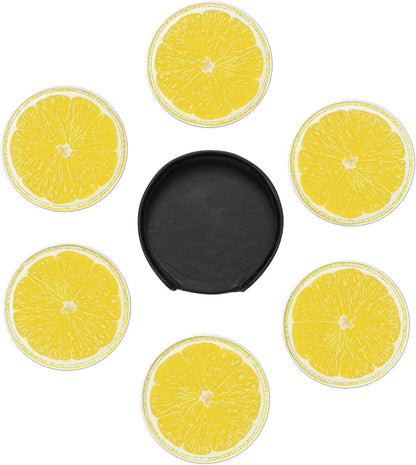6 Pack Yellow Lemon Coaster for Drinks with Holder, Funny Cool Waterproof Non-Slip Leather Coasters for Kitchen Wooden Table Coffee Table Dinning Bar Decor