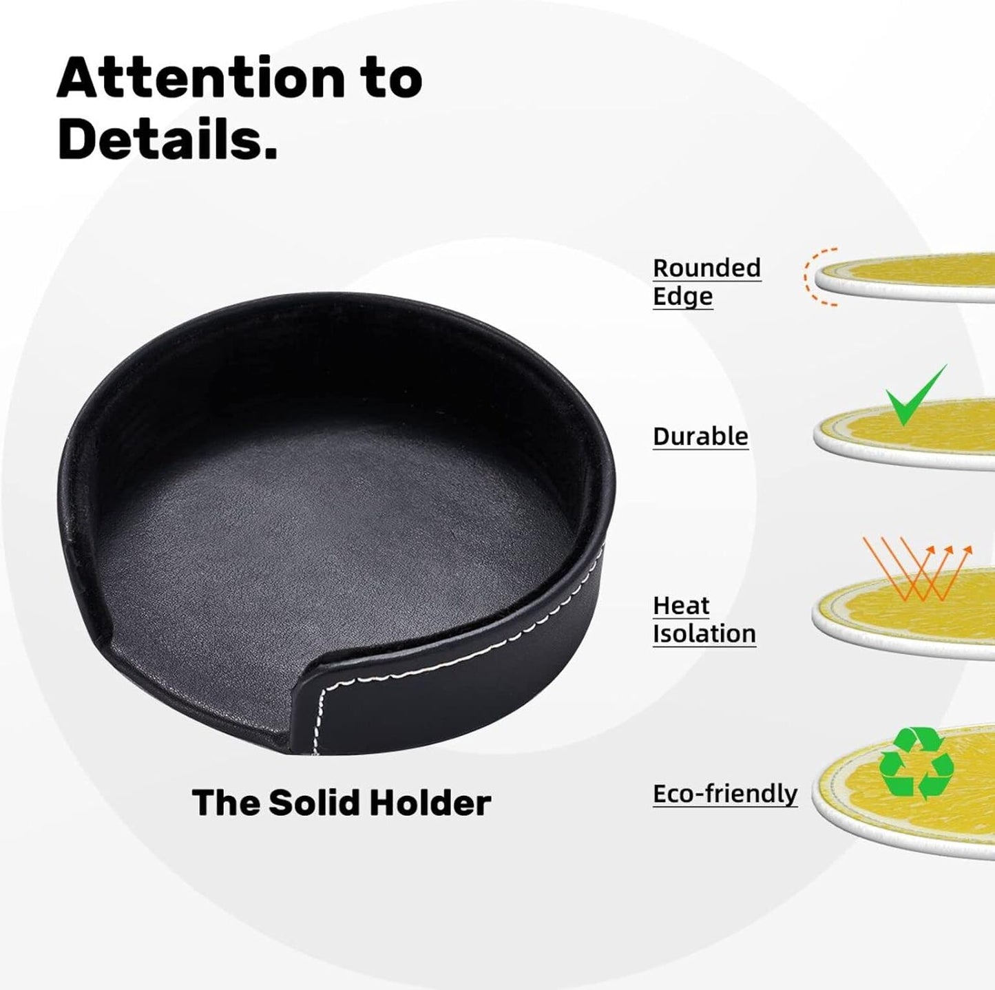 6 Pack Yellow Lemon Coaster for Drinks with Holder, Funny Cool Waterproof Non-Slip Leather Coasters for Kitchen Wooden Table Coffee Table Dinning Bar Decor