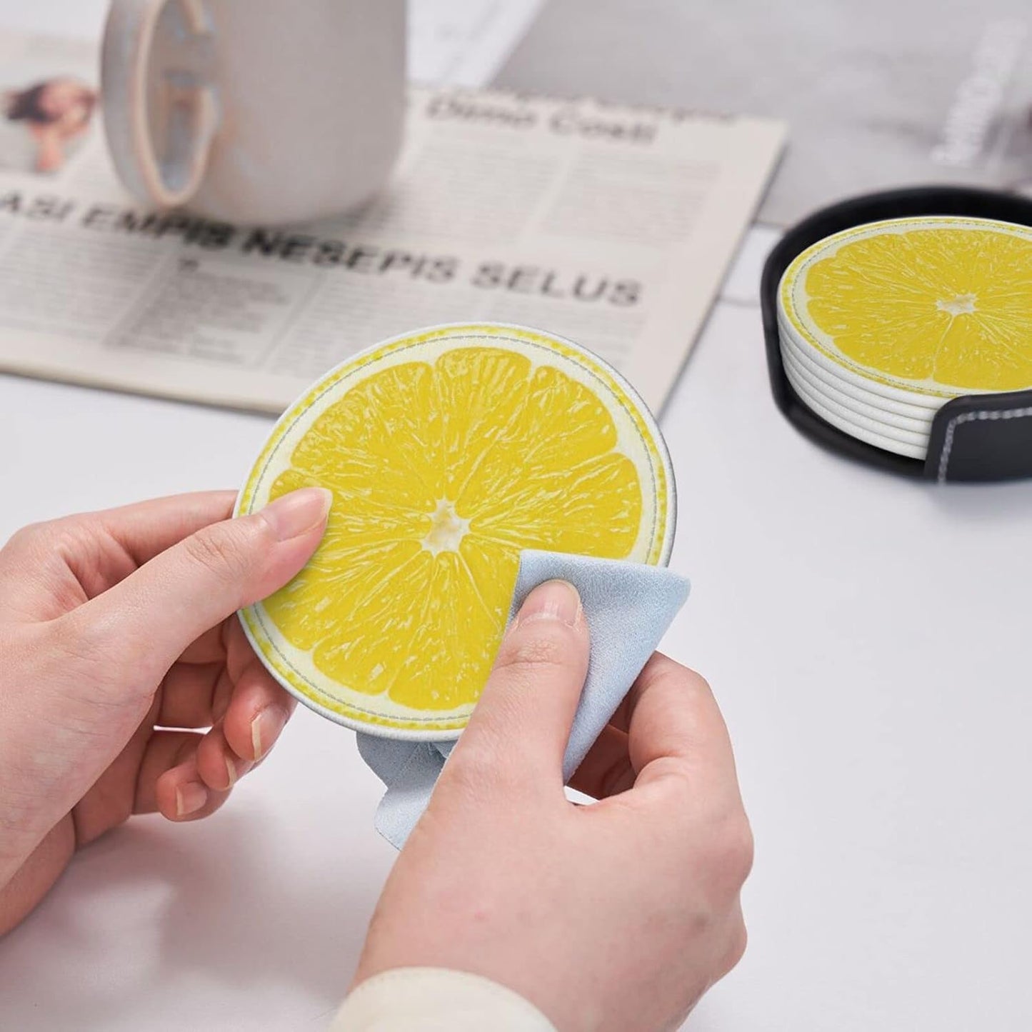 6 Pack Yellow Lemon Coaster for Drinks with Holder, Funny Cool Waterproof Non-Slip Leather Coasters for Kitchen Wooden Table Coffee Table Dinning Bar Decor