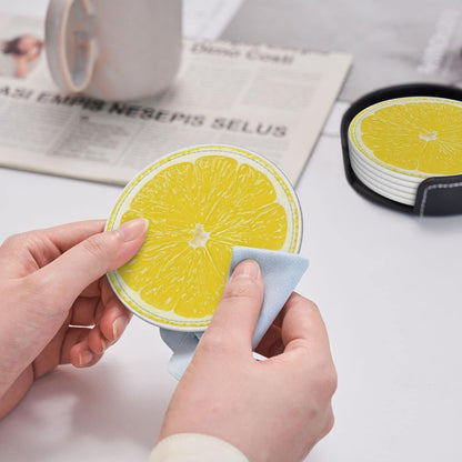 6 Pack Yellow Lemon Coaster for Drinks with Holder, Funny Cool Waterproof Non-Slip Leather Coasters for Kitchen Wooden Table Coffee Table Dinning Bar Decor