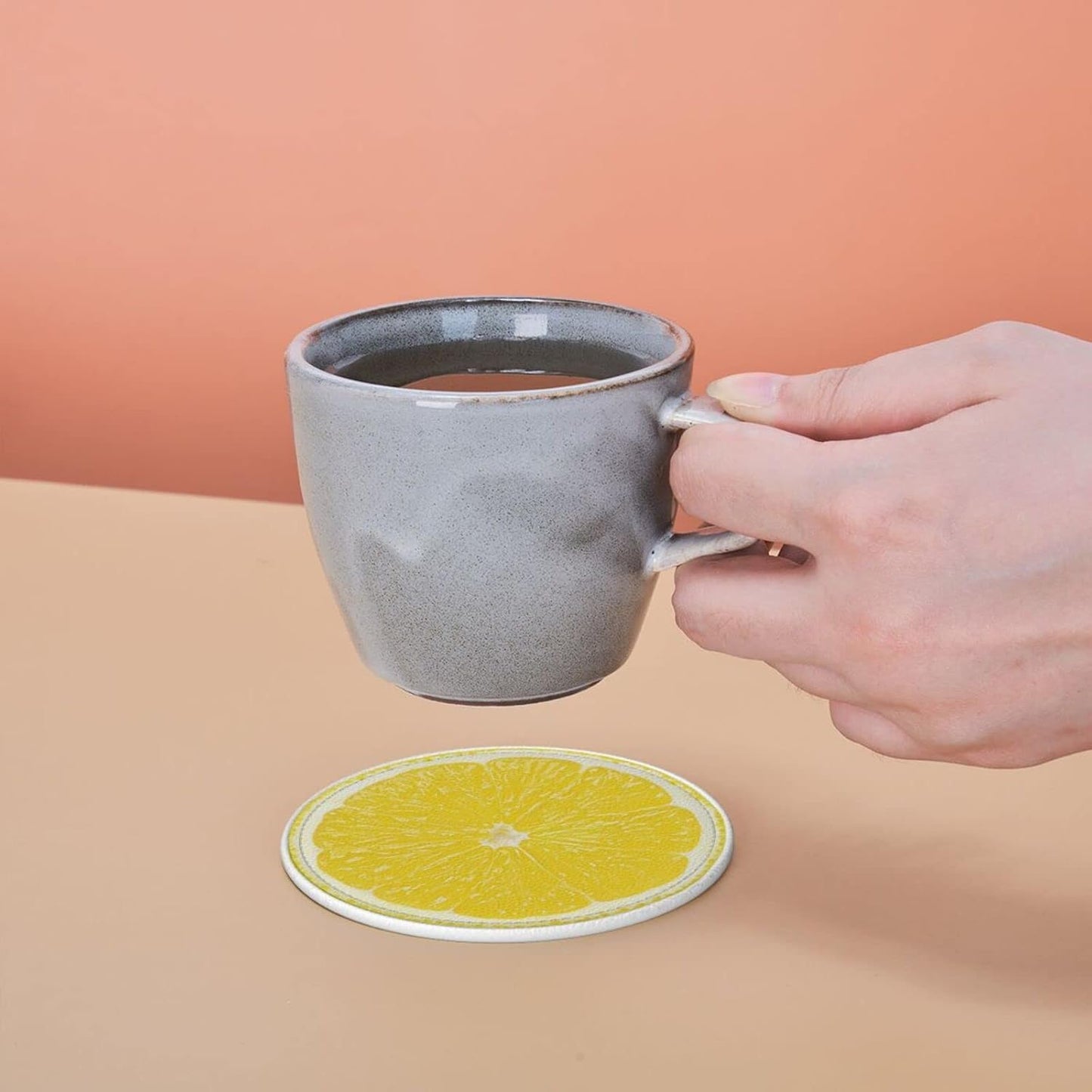 6 Pack Yellow Lemon Coaster for Drinks with Holder, Funny Cool Waterproof Non-Slip Leather Coasters for Kitchen Wooden Table Coffee Table Dinning Bar Decor