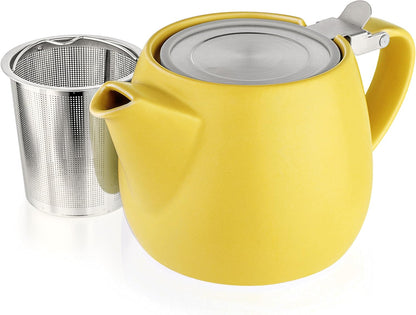 Pluto Porcelain Small Teapot Yellow - 18.2-ounce (1-2 cups) - Matte Finish - Stainless Steel Lid and Extra-Fine Infuser To Brew Loose Leaf Tea - 540ml