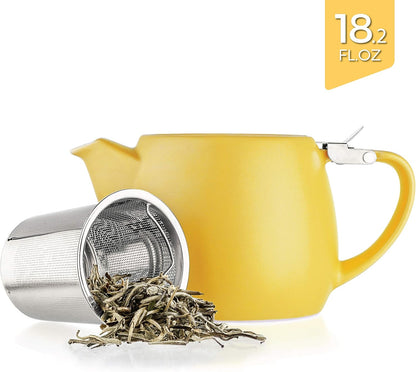 Pluto Porcelain Small Teapot Yellow - 18.2-ounce (1-2 cups) - Matte Finish - Stainless Steel Lid and Extra-Fine Infuser To Brew Loose Leaf Tea - 540ml