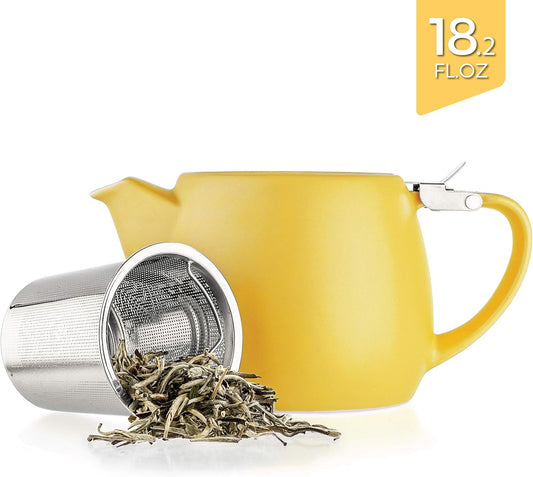 Pluto Porcelain Small Teapot Yellow - 18.2-ounce (1-2 cups) - Matte Finish - Stainless Steel Lid and Extra-Fine Infuser To Brew Loose Leaf Tea - 540ml