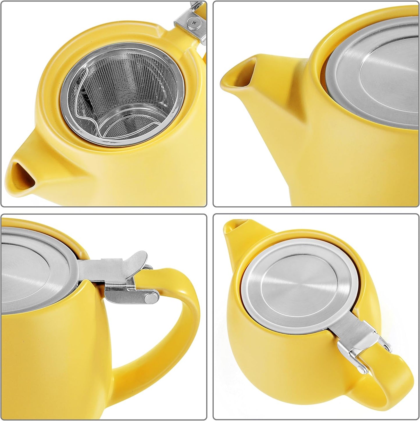 Pluto Porcelain Small Teapot Yellow - 18.2-ounce (1-2 cups) - Matte Finish - Stainless Steel Lid and Extra-Fine Infuser To Brew Loose Leaf Tea - 540ml
