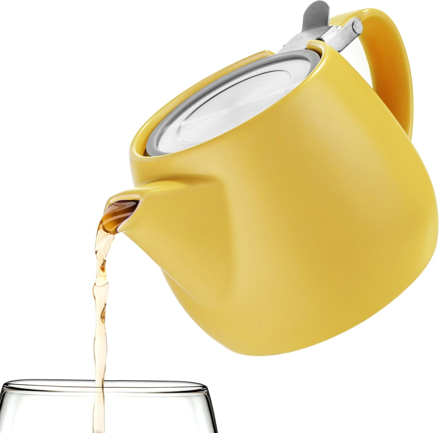Pluto Porcelain Small Teapot Yellow - 18.2-ounce (1-2 cups) - Matte Finish - Stainless Steel Lid and Extra-Fine Infuser To Brew Loose Leaf Tea - 540ml