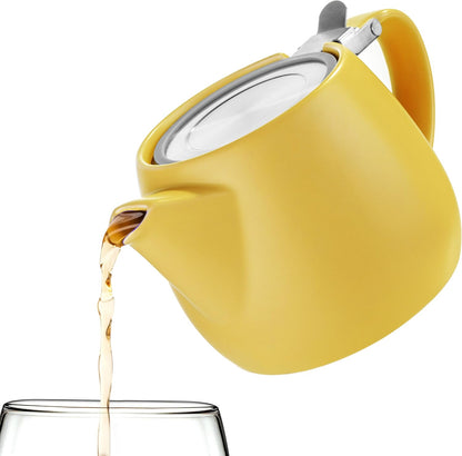Pluto Porcelain Small Teapot Yellow - 18.2-ounce (1-2 cups) - Matte Finish - Stainless Steel Lid and Extra-Fine Infuser To Brew Loose Leaf Tea - 540ml