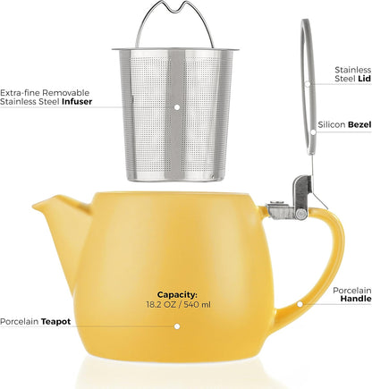 Pluto Porcelain Small Teapot Yellow - 18.2-ounce (1-2 cups) - Matte Finish - Stainless Steel Lid and Extra-Fine Infuser To Brew Loose Leaf Tea - 540ml