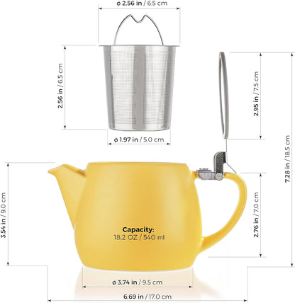 Pluto Porcelain Small Teapot Yellow - 18.2-ounce (1-2 cups) - Matte Finish - Stainless Steel Lid and Extra-Fine Infuser To Brew Loose Leaf Tea - 540ml