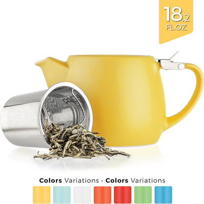 Pluto Porcelain Small Teapot Yellow - 18.2-ounce (1-2 cups) - Matte Finish - Stainless Steel Lid and Extra-Fine Infuser To Brew Loose Leaf Tea - 540ml