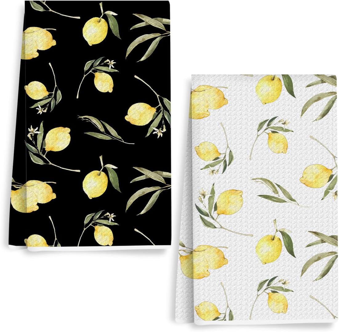 2Pcs Lemon Black and White Waffle Kitchen Towel Quick Dry Microfiber Sustainable Towels for Lemon Kitchen Decor, Lemons Reusable Cleaning Lightweight Hand Towels, Housewarming Gifts for Women 24x14 In