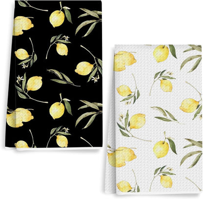 2Pcs Lemon Black and White Waffle Kitchen Towel Quick Dry Microfiber Sustainable Towels for Lemon Kitchen Decor, Lemons Reusable Cleaning Lightweight Hand Towels, Housewarming Gifts for Women 24x14 In