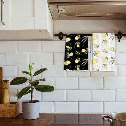 2Pcs Lemon Black and White Waffle Kitchen Towel Quick Dry Microfiber Sustainable Towels for Lemon Kitchen Decor, Lemons Reusable Cleaning Lightweight Hand Towels, Housewarming Gifts for Women 24x14 In