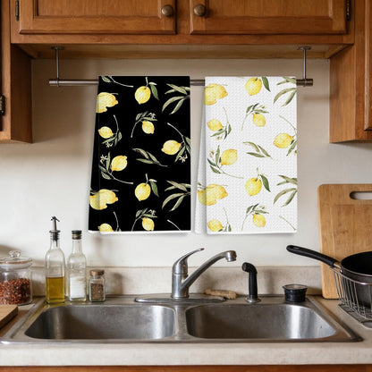 2Pcs Lemon Black and White Waffle Kitchen Towel Quick Dry Microfiber Sustainable Towels for Lemon Kitchen Decor, Lemons Reusable Cleaning Lightweight Hand Towels, Housewarming Gifts for Women 24x14 In