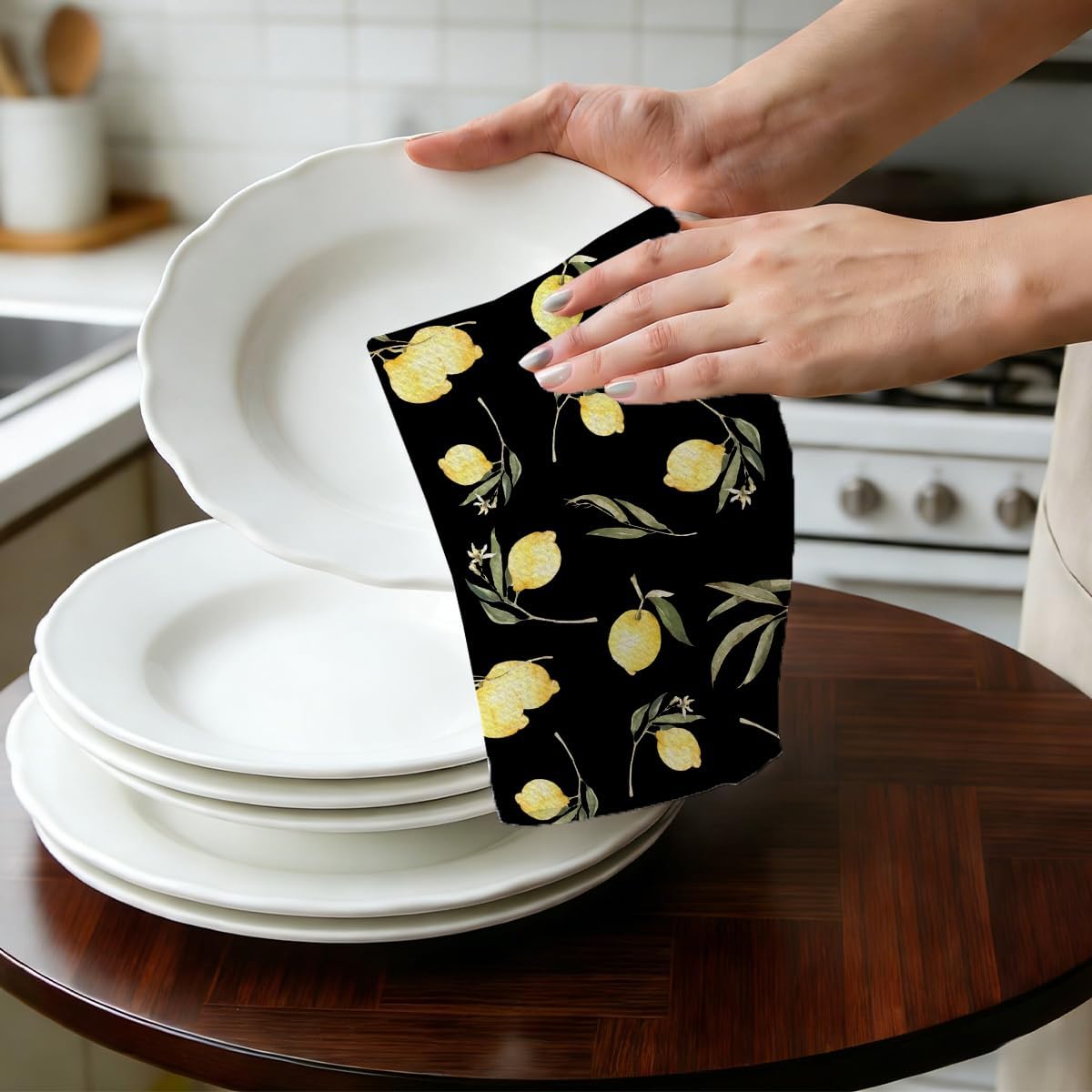 2Pcs Lemon Black and White Waffle Kitchen Towel Quick Dry Microfiber Sustainable Towels for Lemon Kitchen Decor, Lemons Reusable Cleaning Lightweight Hand Towels, Housewarming Gifts for Women 24x14 In