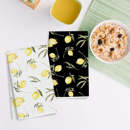 2Pcs Lemon Black and White Waffle Kitchen Towel Quick Dry Microfiber Sustainable Towels for Lemon Kitchen Decor, Lemons Reusable Cleaning Lightweight Hand Towels, Housewarming Gifts for Women 24x14 In
