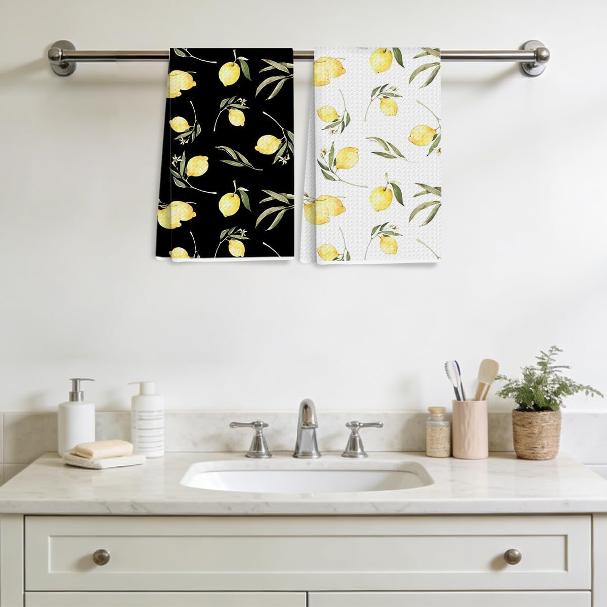2Pcs Lemon Black and White Waffle Kitchen Towel Quick Dry Microfiber Sustainable Towels for Lemon Kitchen Decor, Lemons Reusable Cleaning Lightweight Hand Towels, Housewarming Gifts for Women 24x14 In