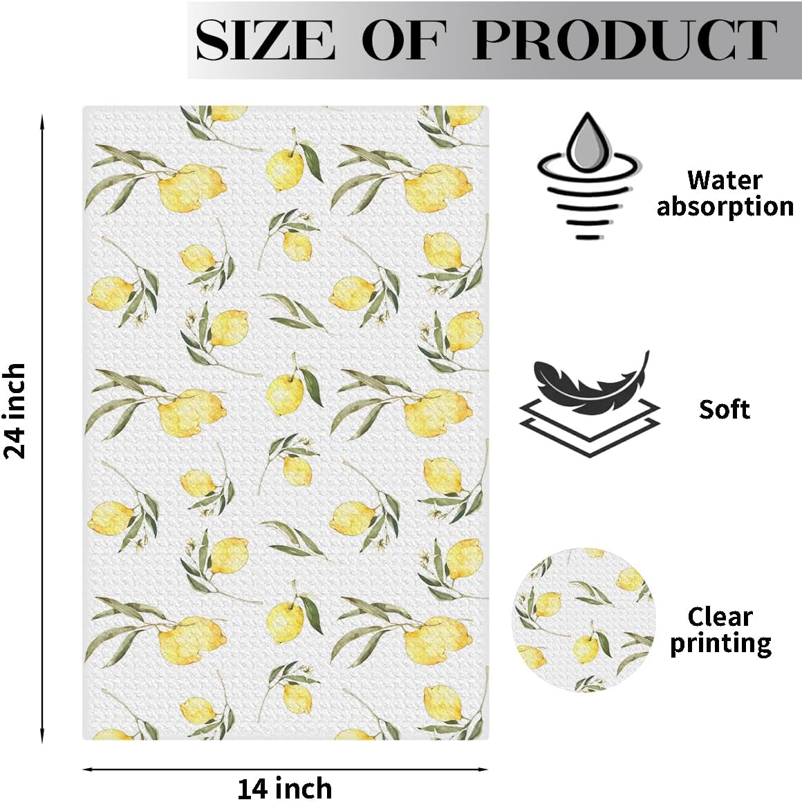 2Pcs Lemon Black and White Waffle Kitchen Towel Quick Dry Microfiber Sustainable Towels for Lemon Kitchen Decor, Lemons Reusable Cleaning Lightweight Hand Towels, Housewarming Gifts for Women 24x14 In