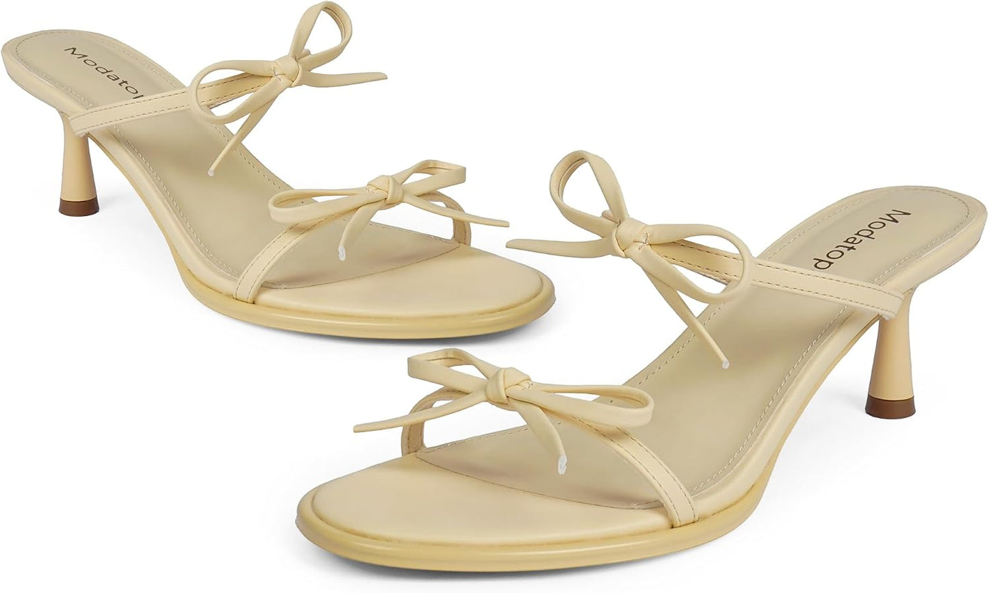 Two Strap Heeled Sandals for Women Kitten Heel Rounded Toe Heels Women Slip on Open Toe Sandals