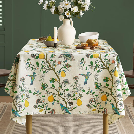 Vintage Colorful Floral Rectangle Tablecloth: Linen Printed Farmhouse Table Cloth - Whimsical Plant Lemon Bird Patterned on Cream Burlap Textured Outdoor Table Cover for Home Decor, 55x84 Inch