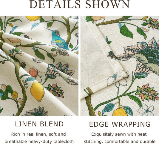 Vintage Colorful Floral Rectangle Tablecloth: Linen Printed Farmhouse Table Cloth - Whimsical Plant Lemon Bird Patterned on Cream Burlap Textured Outdoor Table Cover for Home Decor, 55x84 Inch