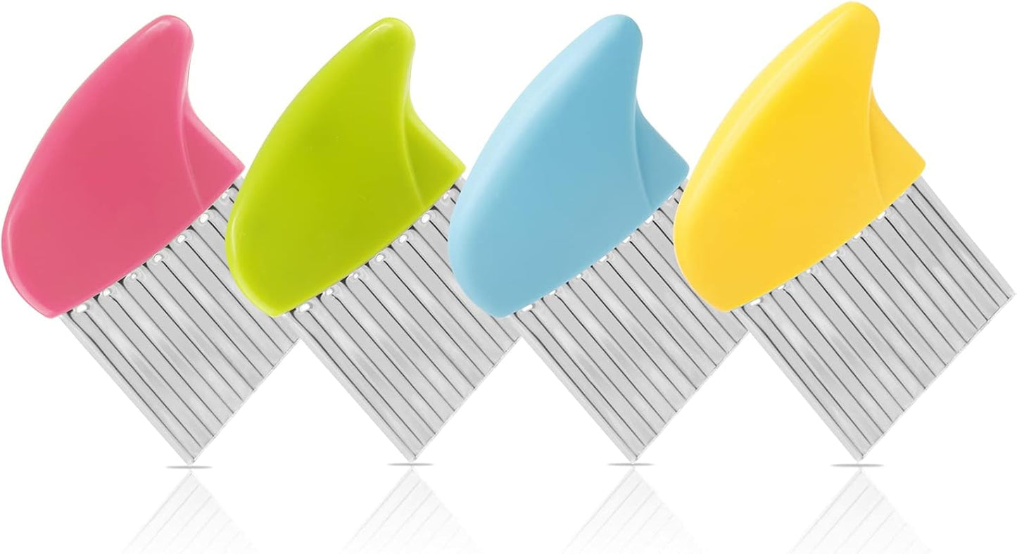 4 Pack Stainless Steel Potato Crinkle Cutter | Carrot Wavy Knife, French Fry Slicer, Vegetable Wavy Chopper Knife, Green & Pink & Blue & Yellow