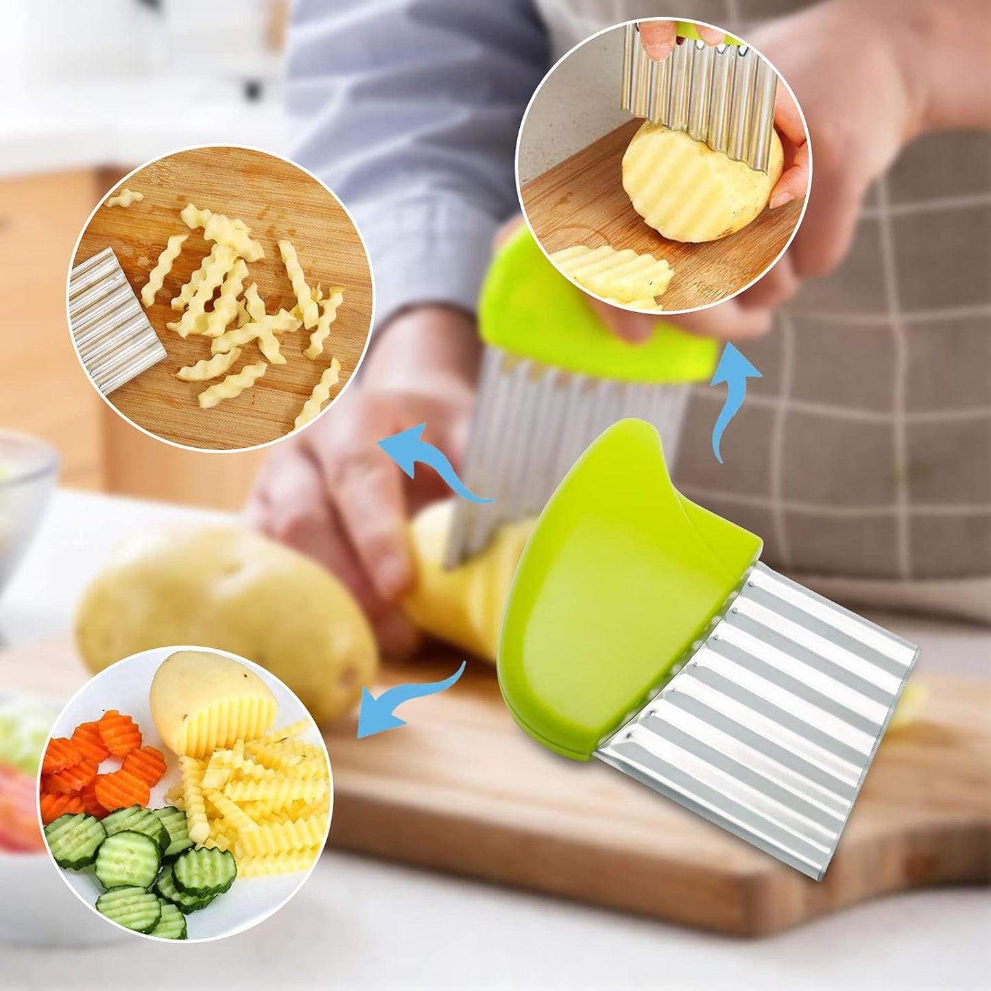 4 Pack Stainless Steel Potato Crinkle Cutter | Carrot Wavy Knife, French Fry Slicer, Vegetable Wavy Chopper Knife, Green & Pink & Blue & Yellow