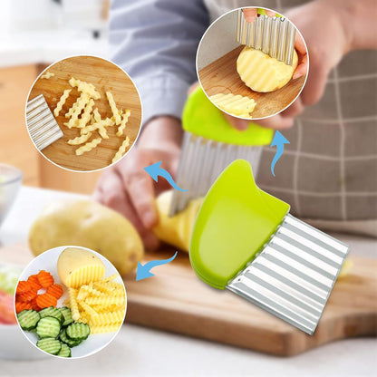 4 Pack Stainless Steel Potato Crinkle Cutter | Carrot Wavy Knife, French Fry Slicer, Vegetable Wavy Chopper Knife, Green & Pink & Blue & Yellow