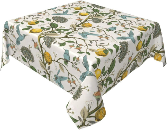 Boho Floral Bird Square Tablecloth 54 Inch Chinoiserie Lemon Blue Hummingbird Floral Table Cloth Polyester Fabric Spring Summer Vintage Flowers Table Cover for Kitchen Holiday Party Outdoor Decor