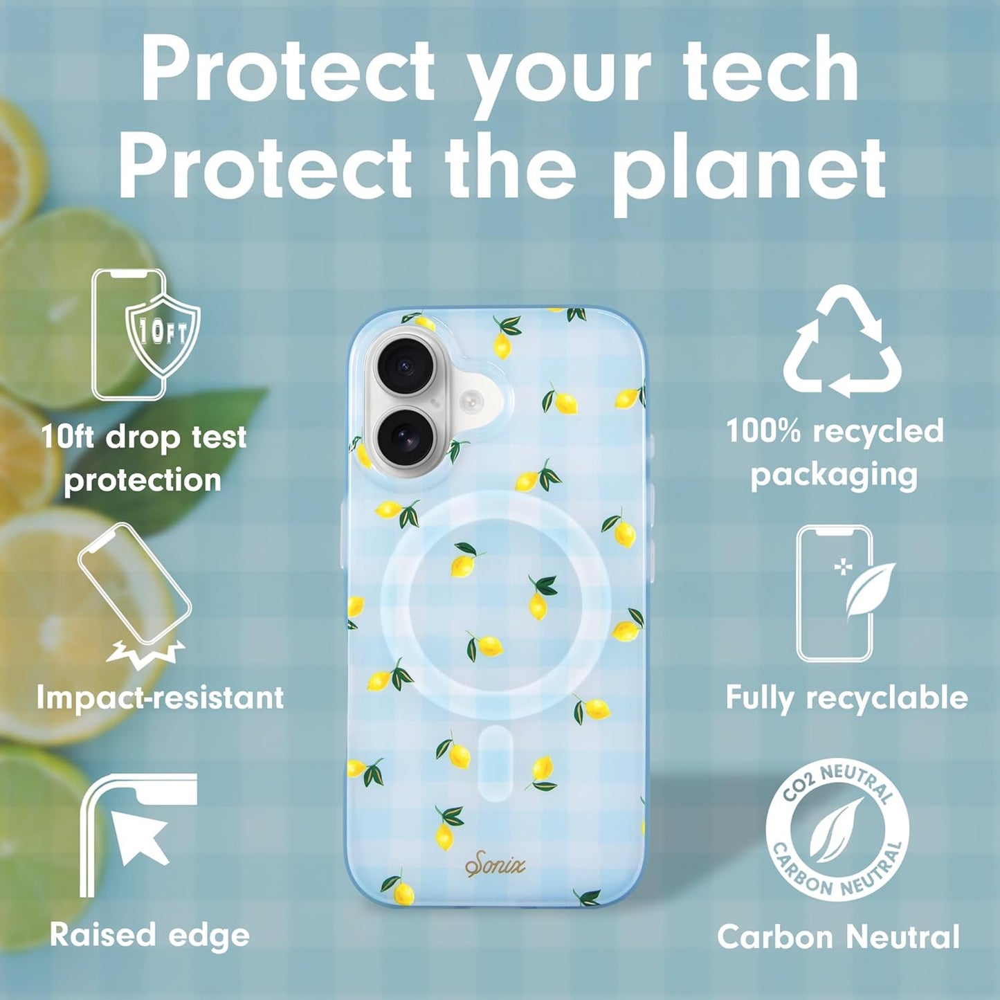 Phone Case for iPhone 16 Pro Max | Compatible with MagSafe | 10ft Drop Tested | Lemon Gingham - Colors C
