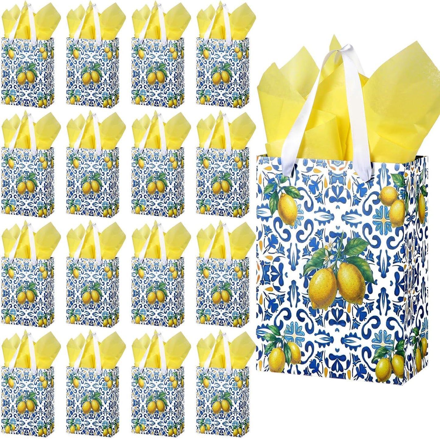 12 Pcs Blue Capri Lemon Gift Bags with Handles Amalfi Coast Elegant Wedding Gift Bag for Guests Mediterranean Paper Treat Bag Party Favor Bags for Bridal Shower Birthday Tea Party