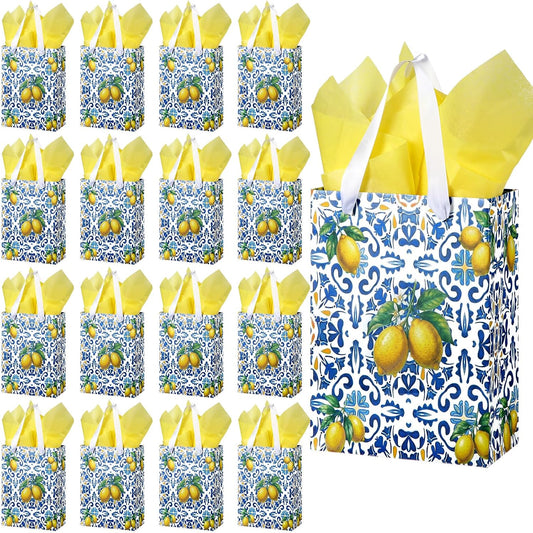 12 Pcs Blue Capri Lemon Gift Bags with Handles Amalfi Coast Elegant Wedding Gift Bag for Guests Mediterranean Paper Treat Bag Party Favor Bags for Bridal Shower Birthday Tea Party