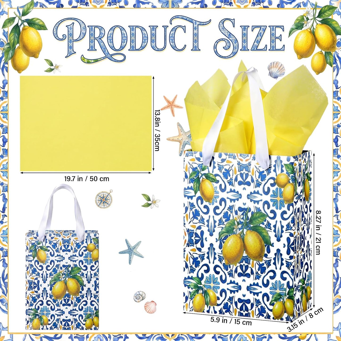 12 Pcs Blue Capri Lemon Gift Bags with Handles Amalfi Coast Elegant Wedding Gift Bag for Guests Mediterranean Paper Treat Bag Party Favor Bags for Bridal Shower Birthday Tea Party