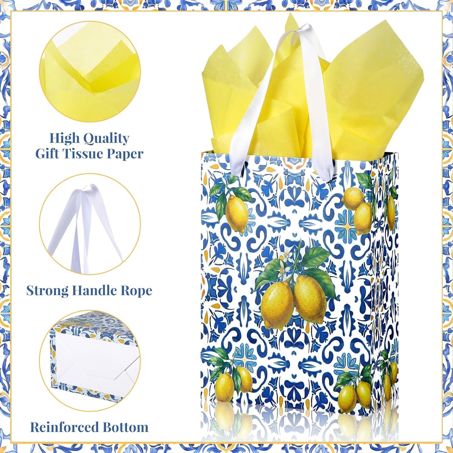 12 Pcs Blue Capri Lemon Gift Bags with Handles Amalfi Coast Elegant Wedding Gift Bag for Guests Mediterranean Paper Treat Bag Party Favor Bags for Bridal Shower Birthday Tea Party