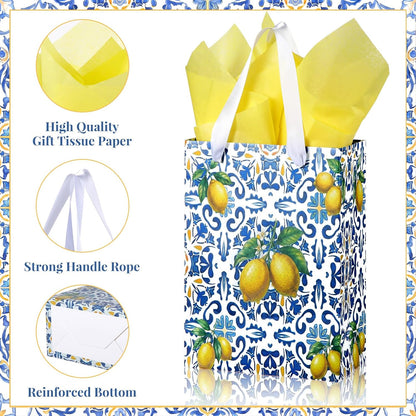 12 Pcs Blue Capri Lemon Gift Bags with Handles Amalfi Coast Elegant Wedding Gift Bag for Guests Mediterranean Paper Treat Bag Party Favor Bags for Bridal Shower Birthday Tea Party